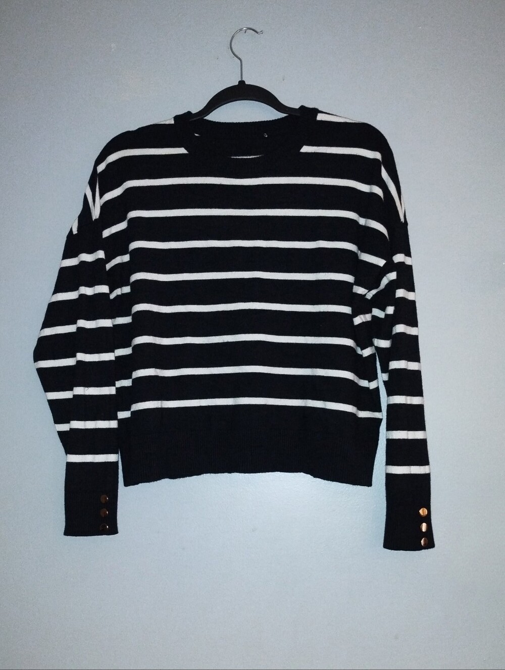 Black and White Striped Crewneck Sweater with Button Cuffs